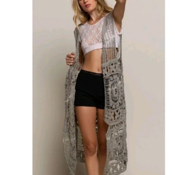 Open Crocheted Layering Maxi Duster Vest - Picture 7 of 7
